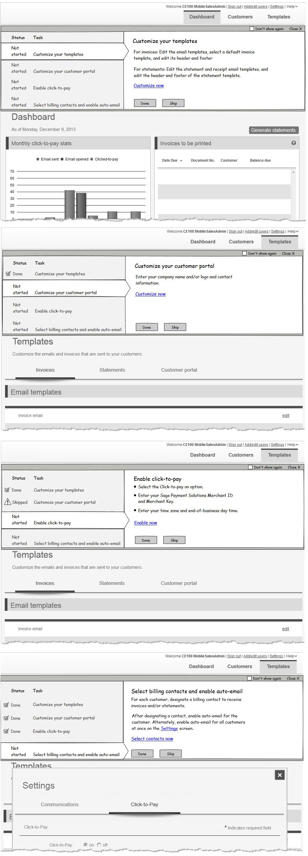 Mockup of a walk-through demonstrating how to set up the billing app