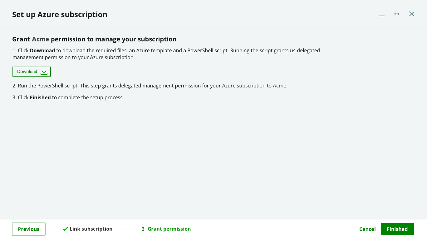 Subscription setup wizard grant permission page
